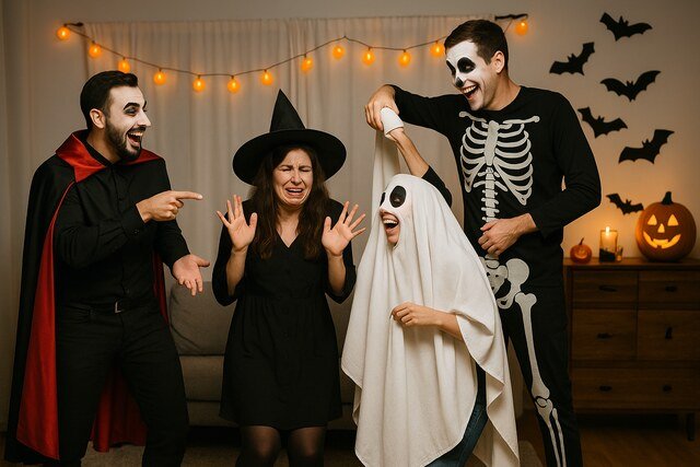 Friends in Halloween costumes performing a funny skit indoors.