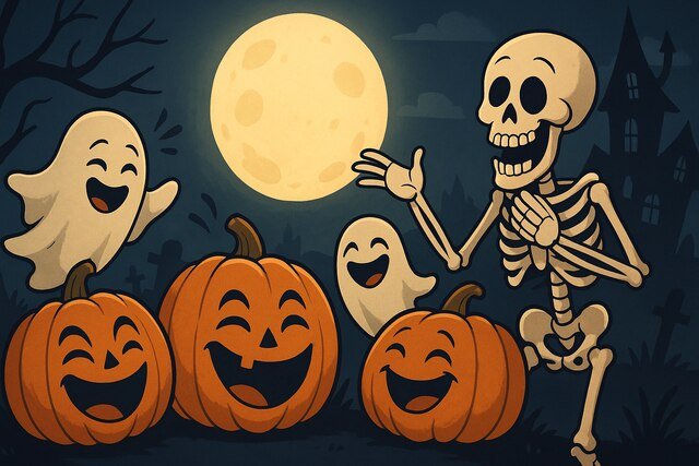 Cartoon pumpkins, ghosts, and skeletons laughing together in a spooky Halloween setting.