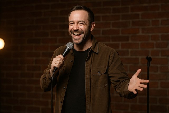 Comedian delivering a joke with strong timing on stage.