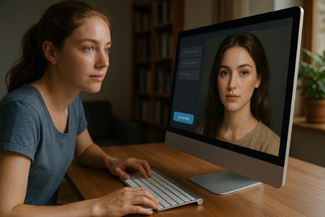 Woman using AI image generator on desktop computer.