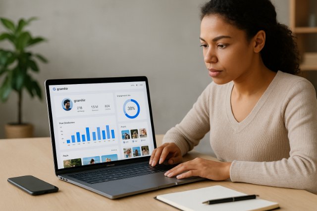 Woman using Gramhir Pro for Instagram analytics on laptop.