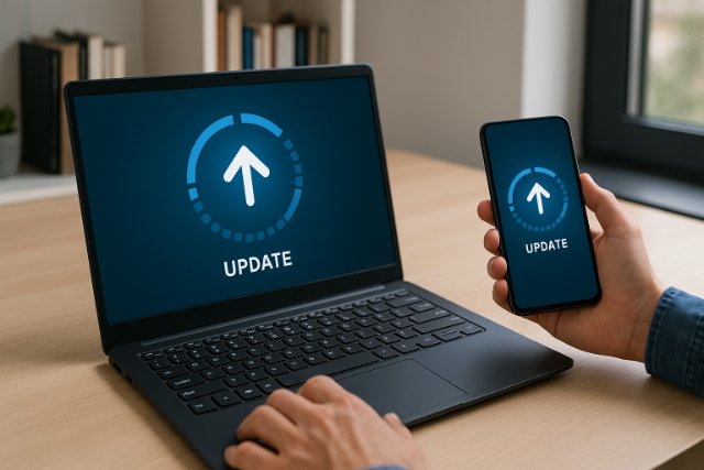 Laptop and phone displaying software update screens.