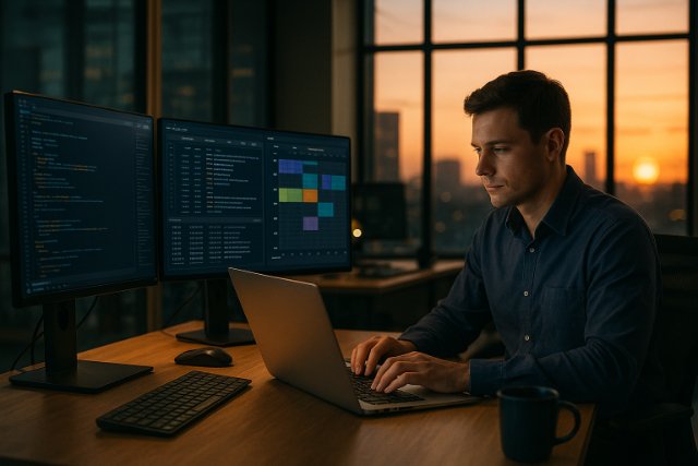 IT professional scheduling system maintenance at sunset.
