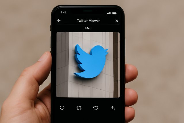 Hand holding smartphone showing Twitter Media Viewer with blue bird logo.