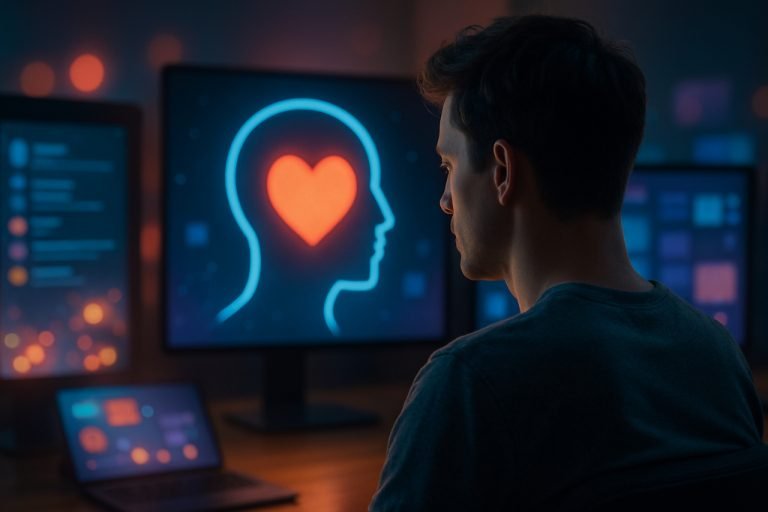 Coomersu: Understanding the New Era of Emotional Person surrounded by digital visuals symbolizing emotion and technology
