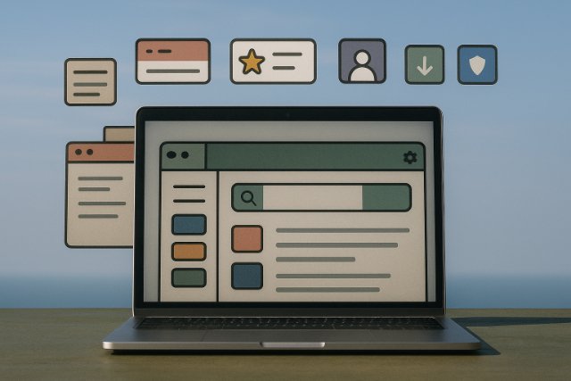 Realistic laptop with Leaf Browser Alpha interface and floating feature icons.