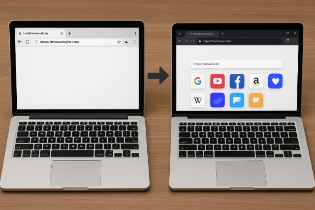 Migrating from Leaf Browser Alpha to a modern browser shown with two laptops side by side.