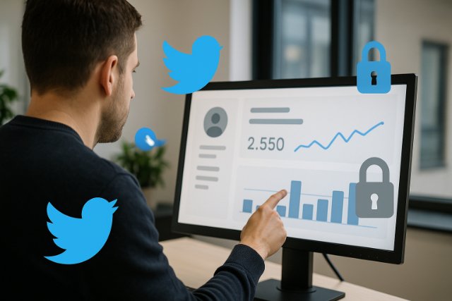 Person reviewing Twitter profile analytics on a screen with privacy symbols.