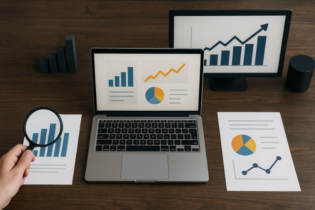 Laptop with data charts and graphs used for analysis and aggregation.
