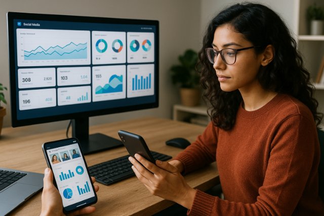 Woman analyzing social media dashboards on desktop and mobile screens.