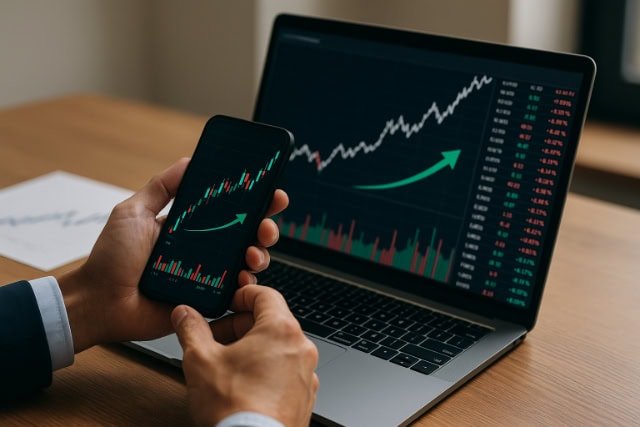 Analyzing stock pick trends on a smartphone and laptop.