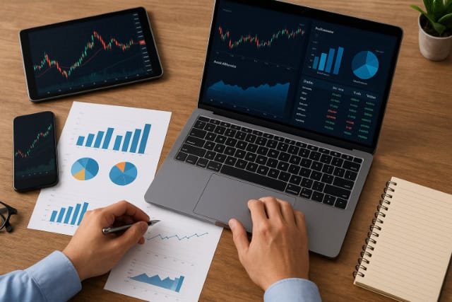 Investor analyzing stock data across multiple digital devices on desk workspace.