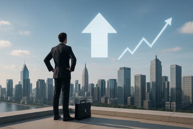 Man overlooking city with growth arrows representing Nippydrive’s legal future.