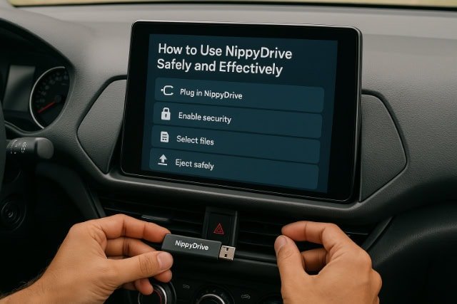 User plugging NippyDrive into car infotainment system.