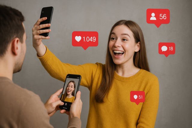 Woman taking selfie with social media icons and viewer in background.