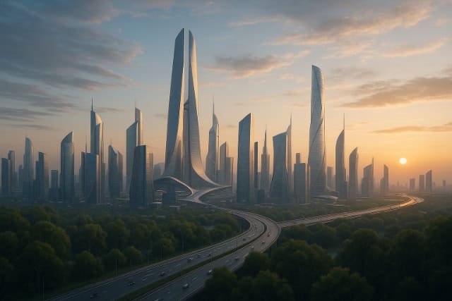 Futuristic skyline with modern skyscrapers and sunset in 2026.