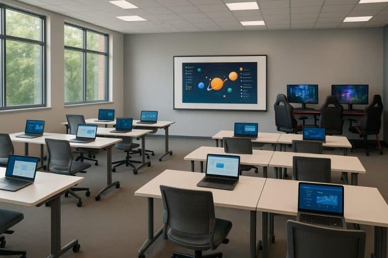 classroom15x: The Future Classroom Model Future classroom with laptops and gaming break zone