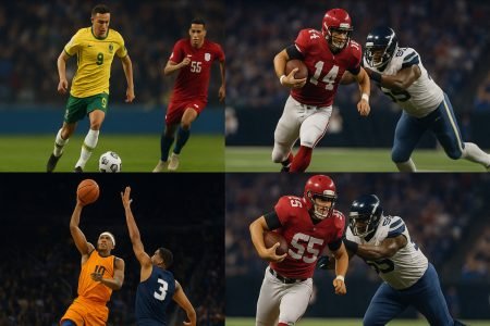 Live sports streaming collage with soccer, football, basketball, and baseball action shots.