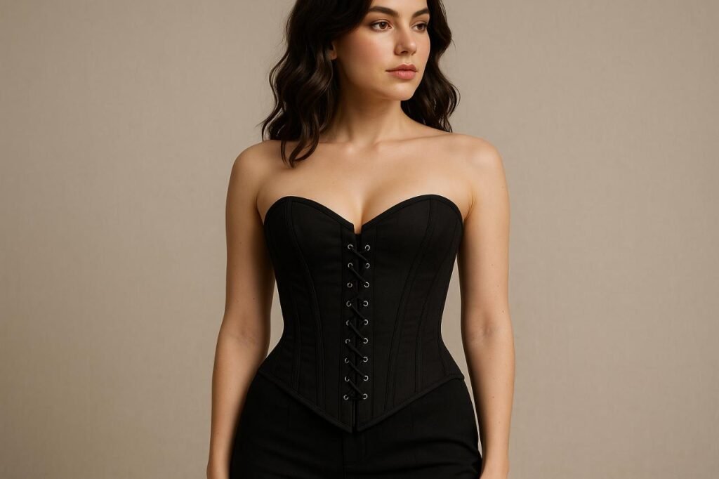 Woman in black corset against neutral background
