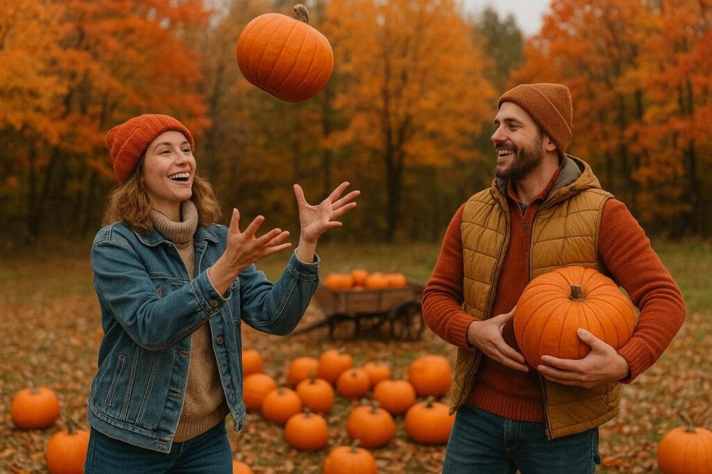 Couple at a pumpkin patch enjoying fall activities