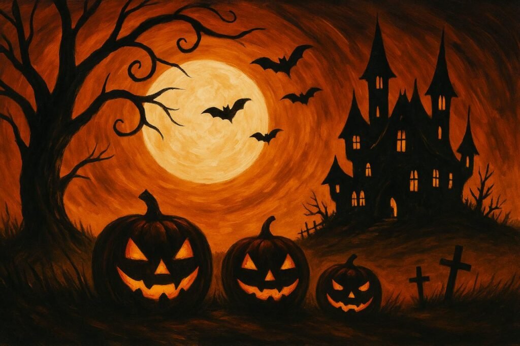 Spooky Halloween painting with pumpkins, haunted house, and full moon.