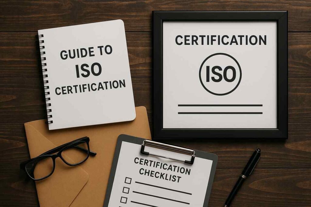 ISO certification guide documents and tools on wooden desk.