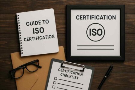 ISO certification guide documents and tools on wooden desk.