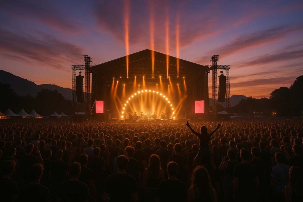 Instafest: Build, Customize, and Share Your Ultimate Music Festival Lineup Outdoor music festival stage at sunset with crowd and lights