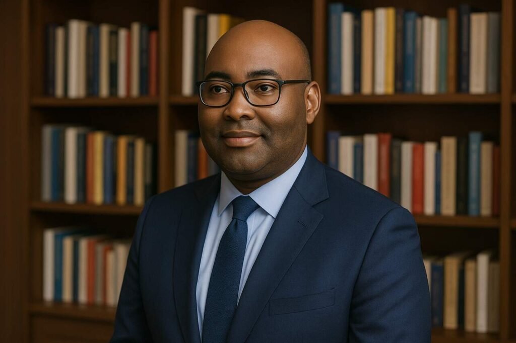 Jamie Harrison in a navy suit standing before a bookshelf.