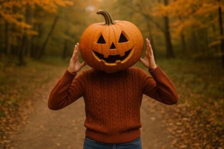 Person wearing a pumpkin head on an autumn forest path.