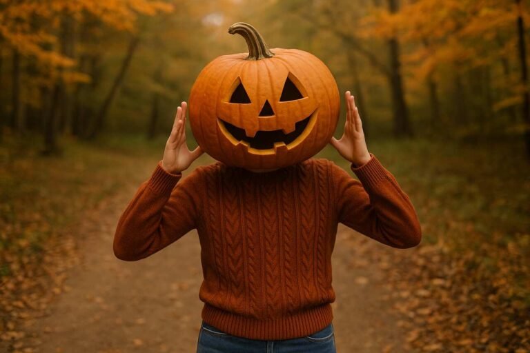 Person wearing a pumpkin head on an autumn forest path.
