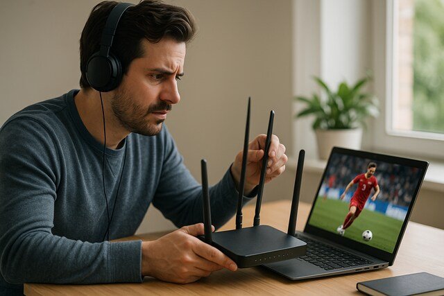 Man adjusting Wi-Fi router to improve streaming stability
