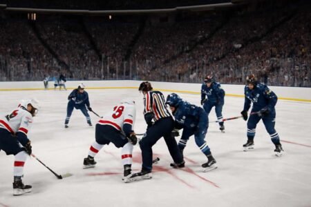 Intense ice hockey faceoff between players in a bustling arena with a referee dropping the puck, surrounded by teammates and a cheering crowd.