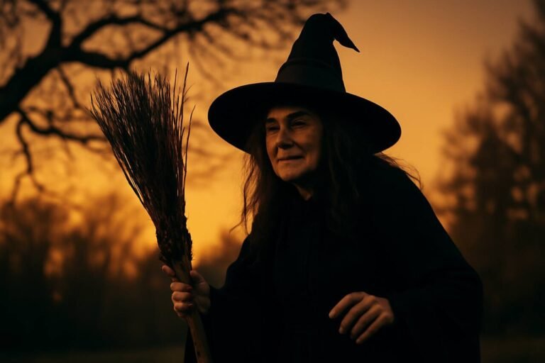 A witch standing beneath a twisted, leafless tree, holding a broomstick in the twilight.
