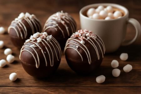 Close-up of four hot cocoa bombs decorated with white chocolate drizzles, marshmallows, and peppermint bits, with a cup of hot cocoa and marshmallows blurred in the background.