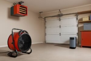 A spacious garage with a red and black portable space heater, a ceiling-mounted garage heater, and a white double-car garage door, featuring soft lighting and contrasting colors.