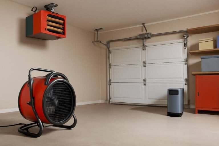 Garage Heaters: The Complete Guide to Types, Benefits and Installation Tips A spacious garage with a red and black portable space heater, a ceiling-mounted garage heater, and a white double-car garage door, featuring soft lighting and contrasting colors.