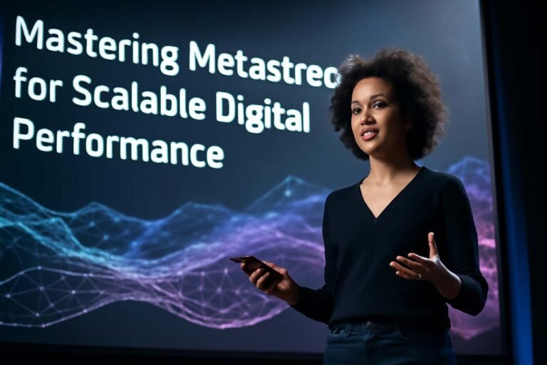 Mastering Methatreams for Scalable Digital Performance A young African American woman presenting on stage with a dynamic digital background displaying interconnected lines and glowing nodes in hues of blues, greens, purples, and pinks.