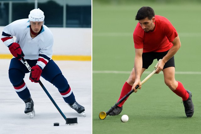A split-screen image showing an ice hockey player on the left and a field hockey player on the right, capturing the action from both sports.