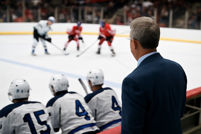 A coach in a navy suit observes an intense ice hockey game, with players in white jerseys on the bench and a puck battle unfolding on the ice.