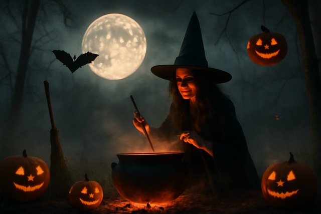 A witch stirring a glowing cauldron surrounded by jack-o'-lanterns in a misty forest under a full moon.