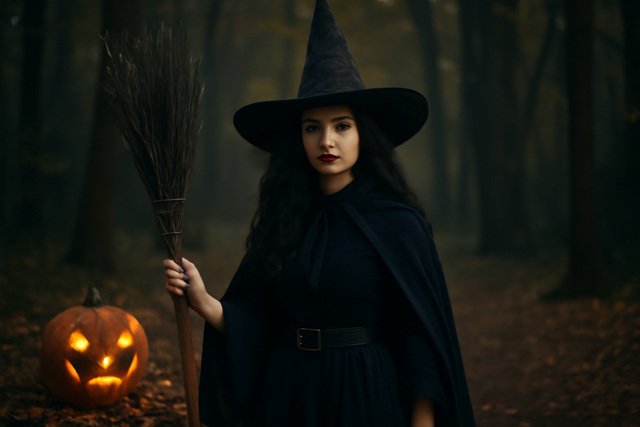 Pale-skinned woman dressed as a witch in a dark forest with a carved jack-o'-lantern, broomstick, and misty atmosphere.