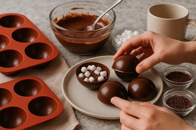 Assembling homemade hot cocoa bombs with chocolate, marshmallows, and sprinkles.