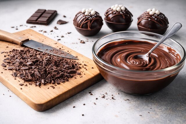 Assorted chocolates and hot cocoa bombs with marshmallows on a dark surface.