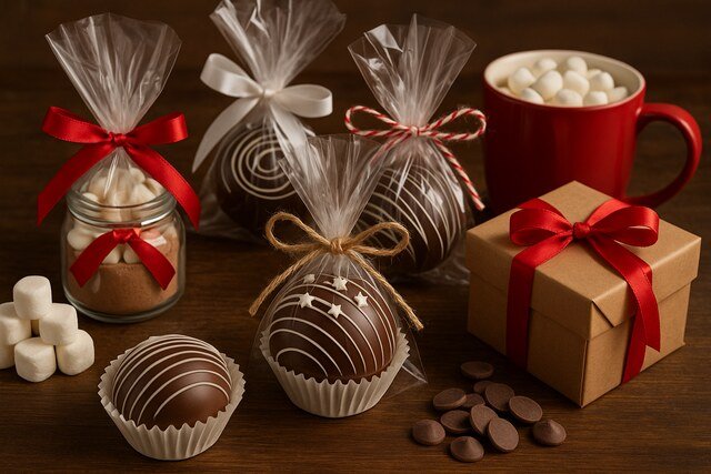Gift-wrapped hot cocoa bombs with mug, marshmallows, and chocolate on wooden surface.