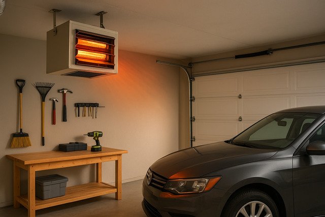 Electric garage heater warming a modern garage setup.