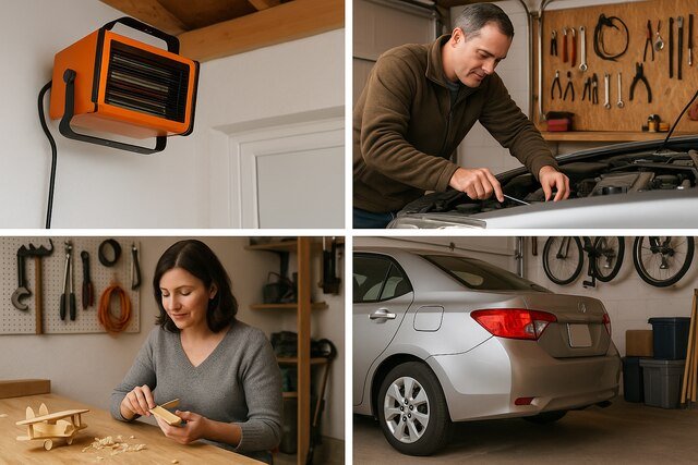 Benefits of using a garage heater shown in four practical scenarios.
