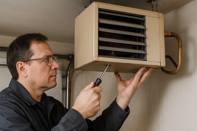 Man servicing a garage heater with a screwdriver.