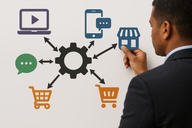 Man connecting digital marketing icons for multi-channel integration