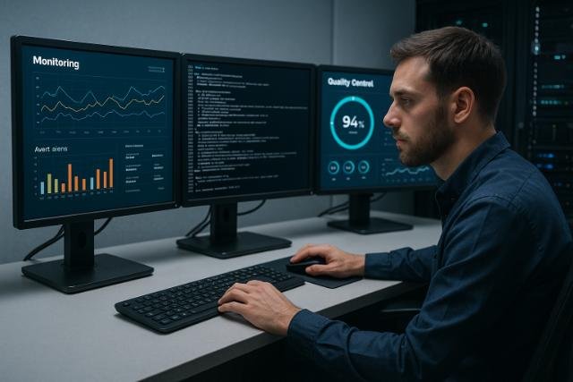 IT professional monitoring system performance dashboards in control room.